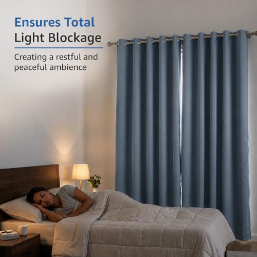 Image of Amazon Brand - Solimo Polyester 100% Blackout Plain Window Curtains|100% Blackout Window Curtains| 8 Feet |Set of 2| Plain Design |Blackout| for Living Room Kids Room and Bedroom | Color- Denim Blue