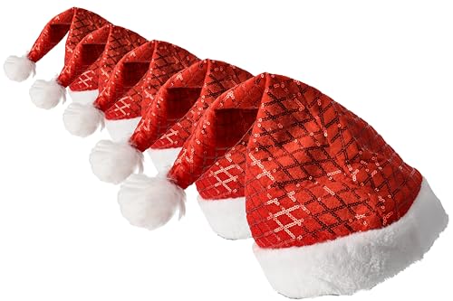 Chapeau de Noël pour adulte et enfant en peluche rouge avec pompon | Lot de 5