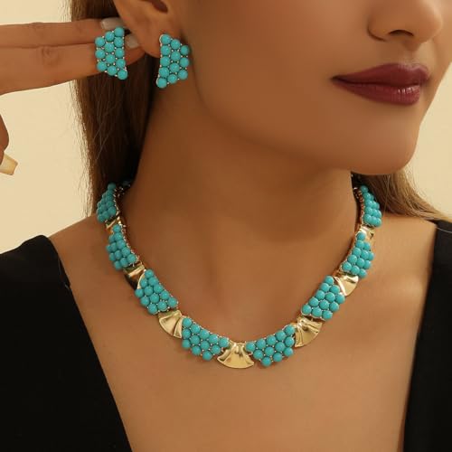 Octwine Boho Shining Blue Turquoise Necklace Teardrop Dangle Earrings Set for Women Bridal Wedding Prom Gold Blue Simple Choker Necklace Vintage Party Prom Wedding Statement Necklace Earrings Set for Women3