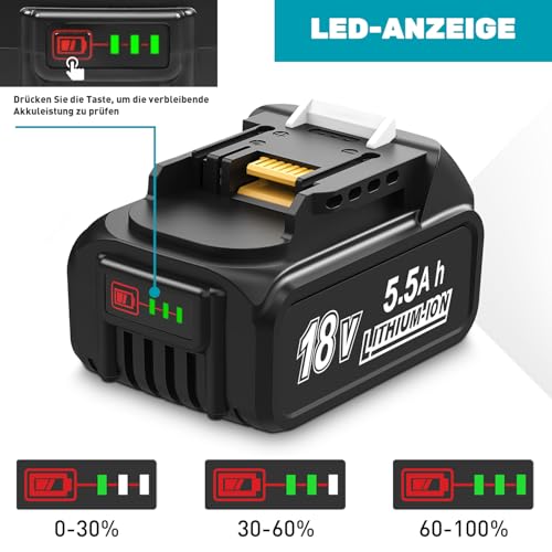 2Stück 5.5Ah Ersatzakku Kompatibel mit Makita 18V Akku BL1850 BL1860B BL1855 BL1840 BL1830 mit LED Indikator