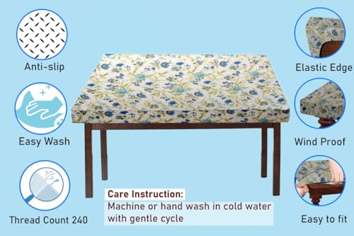 Image of The Furnishing Tree Elastic Cotton Square Dining Table Cover 44x44 in Inches Floral Blue Leaf on offwhite Base