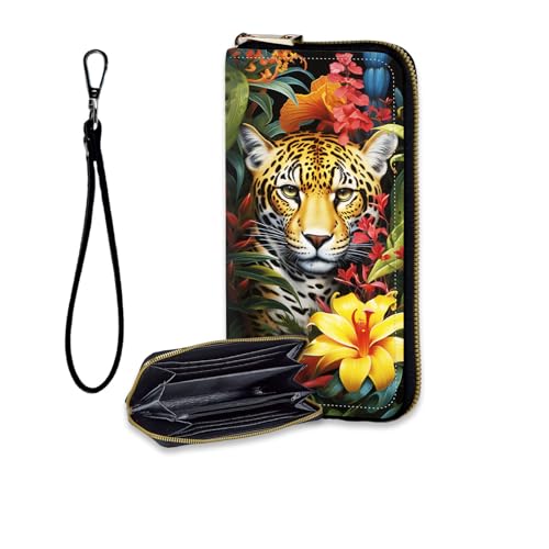 RFID Blocking Women's Wristlet Purse - Detachable Wrist Strap, Compact Foldable Design with 12 Card Slots & Zip Pocket Wallet for Travel,Gym,Everyday Security,Cool Leopard Flower