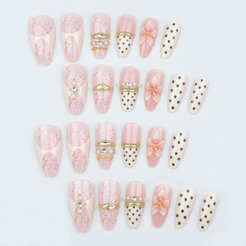Image of Polka Dot Press on Nails Flower Fake Nails with Lace Design Almond Nails | French Tip Nails Press ons Medium Length False Nail 3D Pink Floral Stick on Nails for Women Glossy Full Cover Manicure 24Pcs