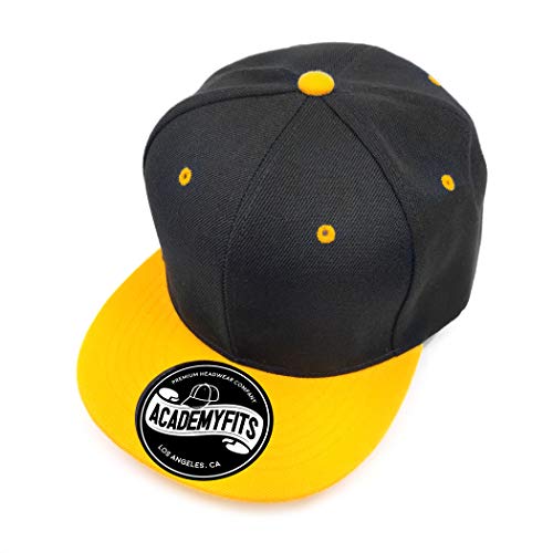 AcademyFits 6 Panel High Crown Acrylic Flat Visor Brim Snapback Men Women Unisex Design Plain Blank Solid Hat 2 Tone Cap (Black/Gold)
