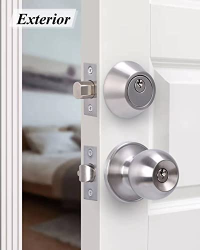 Lanwandeng 607-SN-2DB 2 Sets All Keyed Same Entry Door Knob And Single Cylinder Deadbolt Combo Set, Round Ball Satin Nickel Exterior Door Knobs With Lock And Keys For Entrance And Front Door thumb #6