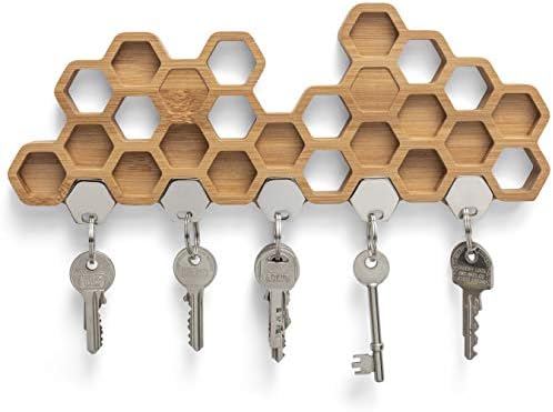 BU Products Honeycomb Magnetic Key Holder - A Unique Bamboo Wall Mounted Hook and Decorative Wooden Storage Rack (5 Keys)