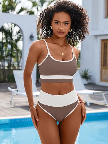 Image of ANRABESS Women's High Waisted Bikini Sets,Color Block 2 Piece Swimsuits,Tummy Control Bathing Suits,Thick Ribbed Beach Wear