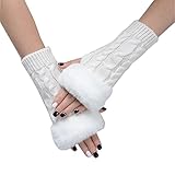 SUNTRADE Fingerlose Damen-Handschuhe, Armstulpen mit Kunstfell, Winter fingerlose Handgelenkwärmer, Weiss/opulenter Garten, Medium