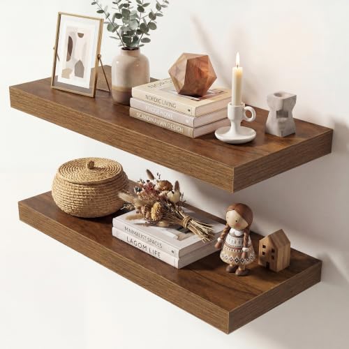 Image of Dreamland 24 Inches Floating Shelves for Wall,9.3 inch Deep Long Floating Shelves Set of 2,Large Display & Storage Shelf,Wall Shelf for Bathroom Bedroom Living Room Kitchen Office,Walnut