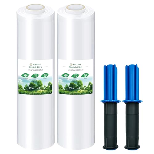YGLLFYT Stretch Film Roll - 1000 Ft 15 Inch Width, 60 Gauge Thickness, 2 Pack - Heavy Duty Plastic Wrap for Moving and Packaging