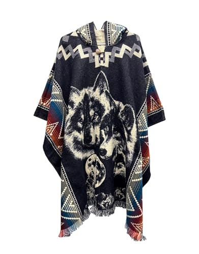 Wolf Pack Alpaca Wool Blue Poncho Cape Shawl Blanket Poncho Zarape Gaban Unisex Indigenous Handmade