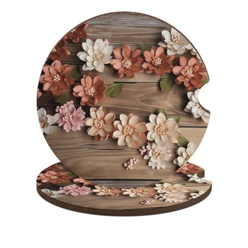 Portavasos para Carro con Diseño de Flores de Madera Rústica miniatura 1