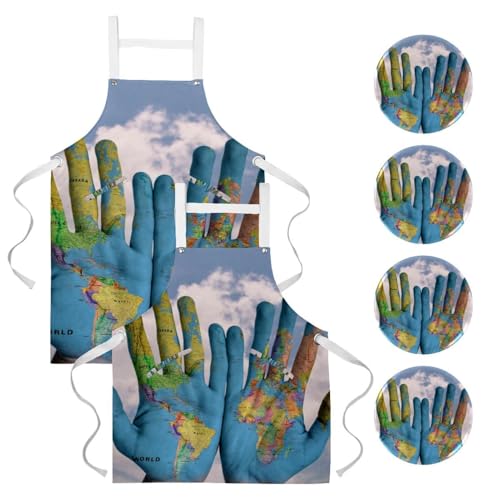 Lot de 2 tabliers de cuisine avec 4 broches à motif carte du monde pour bistrot