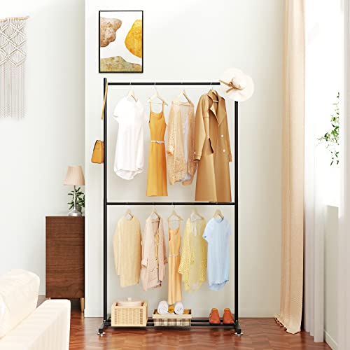 Kkgoubz Clothes Rack Double Rod Clothing Rack,Garment Racks For Hanging Clothes,Metal Garment Rack With Bottom Storage,Carbon Steel Black #TOP1