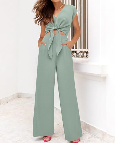 Image of PRETTYGARDEN Women's Summer 2 Piece Outfits 2026 Cap Sleeve V Neck Belted Crop Tops Wide Leg Pant Sets Casual Tracksuit