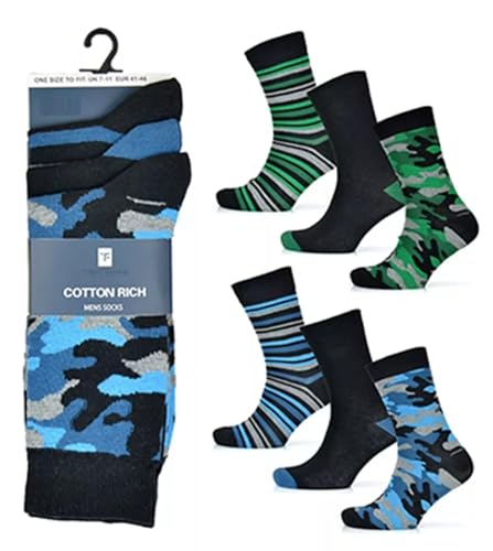 Image of OnlyBee 6 Pairs of Mens Camo & Stripe Cotton Rich Socks Breathable and Comfortable for Daily Wear Durable And Stylish UK Size 7 to 11