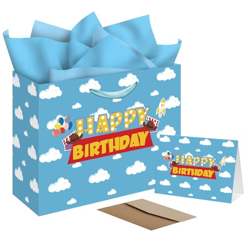 Blue Sky White Clouds Gift Bag - Extra Large Happy Birthday Bags with Card & Tissue Paper - Cheerful Cartoon Story Design for Kids Parties Baby Showers & Celebrations