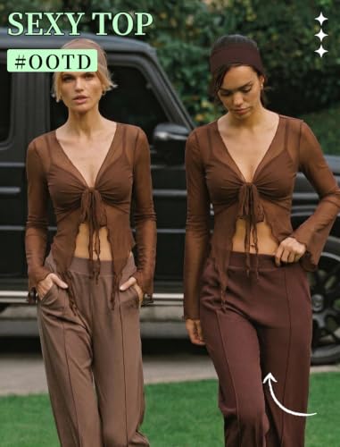 Image of Avidlove Women Mesh Crop Top Y2K Tie Front Tops Rave Top Sheer Cardigan Sexy V Neck Outfits S-2XL