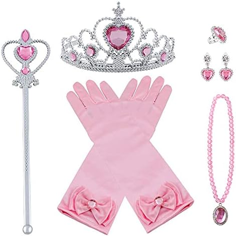 Vicloon Elsa Dress Up Accessories Set, 7 Pcs Princess Dress-up Party Accessories for Girls with Elsa Gloves, Princess Tiara, Earring, Magic Wand and Necklace(Pink)