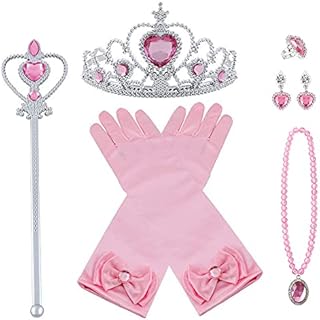 Vicloon Elsa Dress Up Accessories Set, 7 Pcs Princess Dress-up Party Accessories for Girls with Elsa Gloves, Princess Tiara, Earring, Magic Wand and Necklace(Pink)