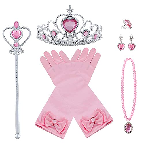 Vicloon Princesse Dress Up Accessoires,Elsa Cadeau Set pour Costume d'Elsa -Gants/Diadème/Baguette Magique/Bague/Boucles d'oreilles/Collier Cosplay Carnaval 3-8 Ans (Rose)