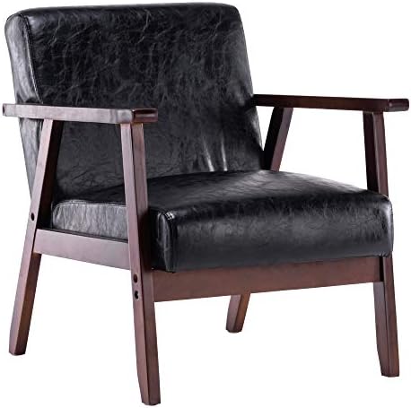 Leather Wood Cushion Armchair Tub Chair Retro Chair Vintage Single Sofa for Living Room Bedroom (Black, One Size)