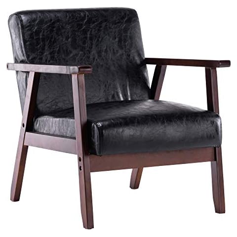 K KYMYCraft Wood Armchair Sofa Chair with Leather PU Cushion, Retro Tub Chair Vintage Single Sofa for Living Room Bedroom (Black) Cover