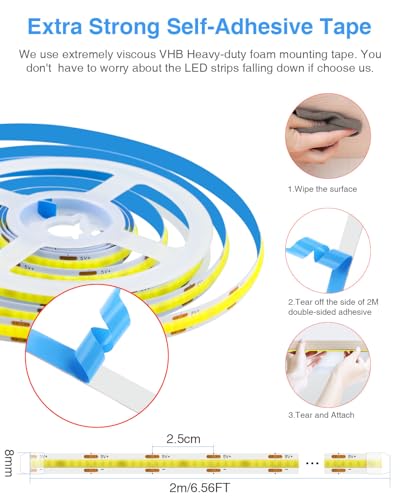 Image of Aclorol 5V COB LED Strip Light 6.56FT 640LEDs Warm White LED TV Backlight with 1M USB Cable Flexible Under Cabinet Tape Light for Living Room Wardrobe Desk area Shelves Mirror Home Decoration (2 PACK)
