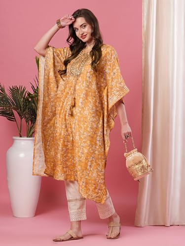 Image of Globus Yellow Round Neck Allover Printed Kaftan Kurta