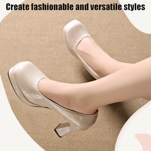 Women's Leather Platform Chunky High Pumps Closed Square Toe Slip On Height Increase Non-Slip Business Office Dress Shoes for Daily Wedding Party Event4