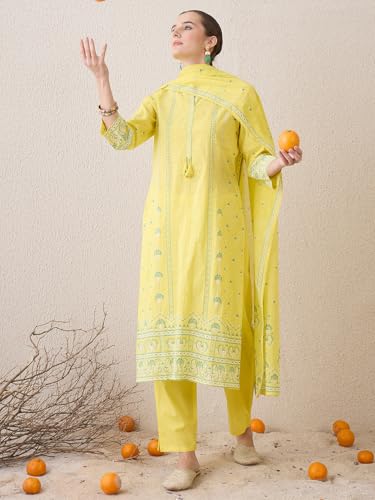 Image of INDO ERA Women's Straight Pure Cotton Ethnic Motifs Printed Kurta & Pant with Dupatta Set (IESTR9770)