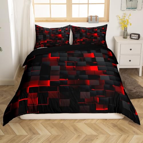 Red And Black Boys Bedding Set Double Size Neon Geometric Checkered Kids Comforter Cover Teen Men Abstract Square Grid Duvet Cover Glowing Plaid Check Bed Set Modern Room Decor - Image 2