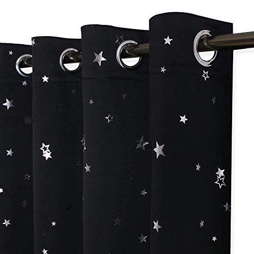 PONY DANCE Black Blackout Curtains Bedroom - Thermal Insulated Nursery Curtains Eyelet for Baby Room Stars Foil Printed Panels for Kids Bedroom Accessories, Width 52 inch by Depth 54 inch, 2 Panels