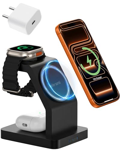 Image of eller sante Combo 3in1 23W Magnetic Mag-Safe Wireless Charger with 20W Fast Charger Adapter for iPhone 17 /17 Air /17 Pro /17 Pro Max, 16 /16 Plus /16 Pro /16 Pro Max, 15 /14 /13 /12, Airpods, iWatch- Black