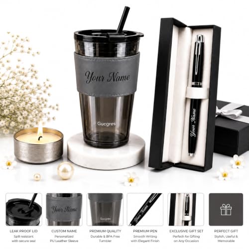 Image of Personalized Glass Tumbler with Straw & Rudraksha Rakhi Set | Custom Name Engraved Coffee Mug | Raksha Bandhan for Brother | Unique Rakhi Hamper | Personalized Present for (Gray Leather Black Pen)