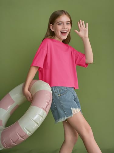 Image of Girls Athletic Oversized Crop Tops Kids Drop Shoulder Short Sleeve T Shirts Workout Tees 5-14 Years