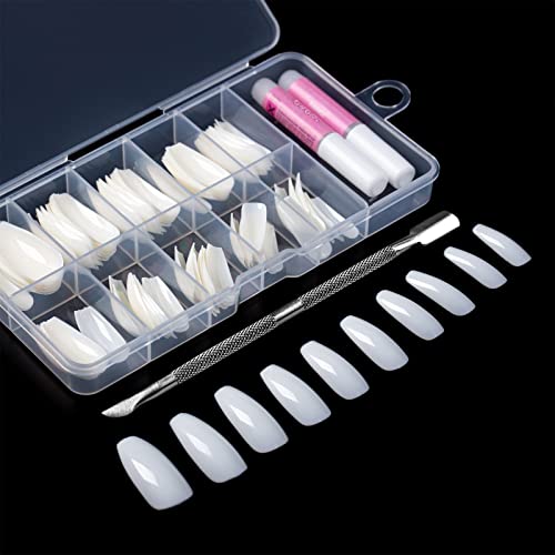 Amhur Ensemble Faux Ongles - Lot de 100 Ongles à Coller en ABS Robuste - Accessoires Fournis : Colle à Faux Ongles & Faux Ongles - Ongles Ballerine en 10 Tailles Différentes - Effet Naturel & Élégant