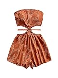 SOLY HUX Women's Boho Tie Backless Tube Top Romper Strapless Cut Out Wide Leg Vacation Short Jumpsuits Solid Brown Large