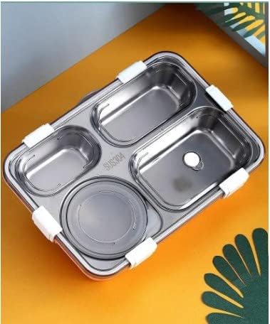 Image of 4 Compartment Lunch Box for Office Men, Women, Big Size, Stainless Steel, Leak-Proof, Insulated, Bento Lunch Box for Adults, with Air-Tight Bowl, Spoon Storage Space. Tiffin Box for Office