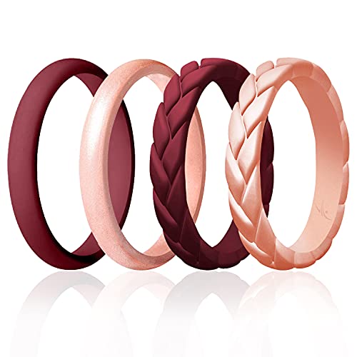 ROQ Silicone Rubber Wedding Ring for Women, Thin Stackable Rubber Silicone Wedding Band, Bridal Jewelry Set, Anniversary Rings, Promise Ring, Braided Flame Leaves & Point Pave Edge, 4/2.5mm Wide 2mm Thick, 4 Pack, Bordeaux & Rose Gold, Size 8