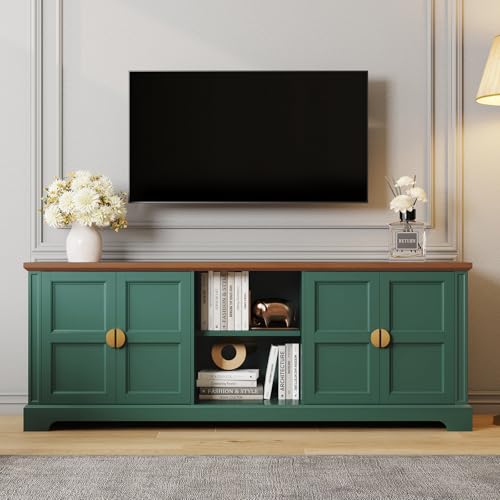 Image of HLR 67” TV Stand for TVs up to 75+ inch,Shaker Style Television Console Table with Adjustable Shelf, Entertainment Center with Storage Cabinets, Wood Media Furniture for Living Room,Bedroom, Green
