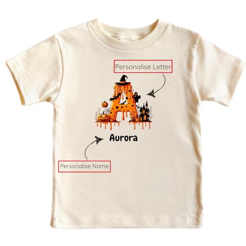 Personalized Halloween Kids Shirt - Custom Name Letter T-Shirt, Pumpkin and Haunted House Design, Halloween Gifts for Children2