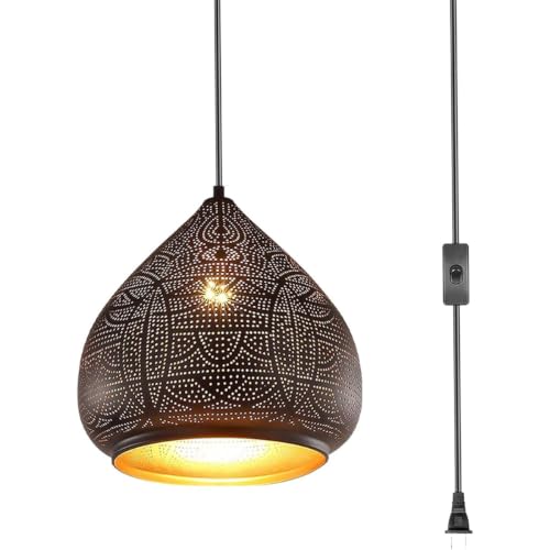 Image of Plug in Pendant Light for Ceiling Black Hanging Light Moroccan Lamp