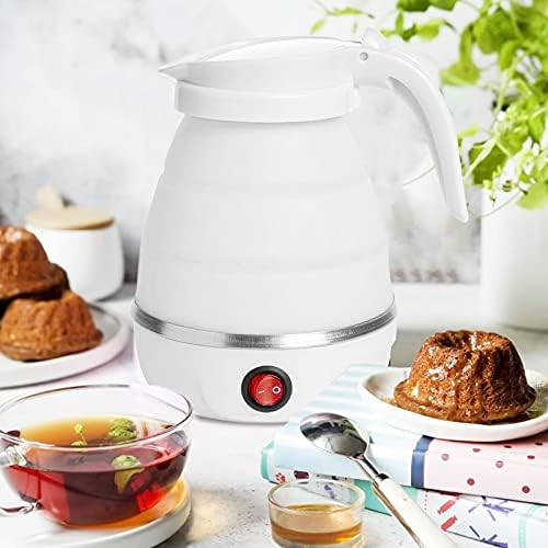 Portable Folding Electric Kettle, Fast Boiling Foldable Electric Kettle for Travel Food Grade Silicone Boil Dry Protection Kettle with Separable Power Cord for Hiking Camping and Indoor (White)