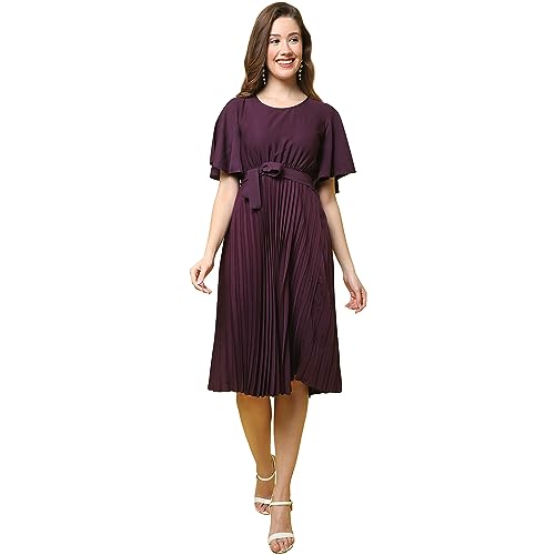 Image of Fabflee Women's Polyester A-Line Standard Length Dress (FB-P1-Pleated-202 M Purple M)