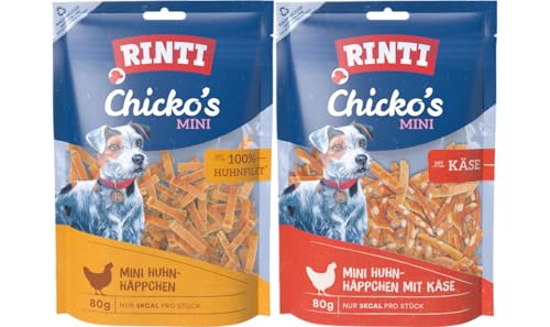 arelf Bundle RINTI Chickos Mini Huhn & Mini Huhn mit Käse 2 x 80g | Luftgetrocknete Hundesnacks aus Hühnerbrustfilet | Hundeleckerli ohne Zucker ohne Soja ohne Fleischmehl
