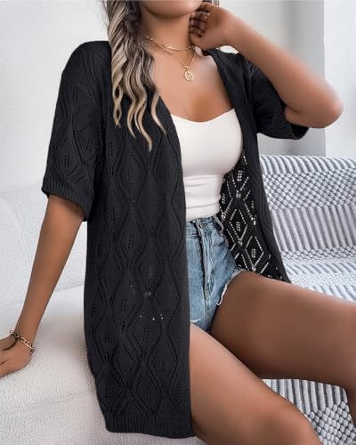 Image of Sulozom Crochet Summer Cardigans for Women Lightweight Short Sleeve Open Front Kimono Boho Beach Vacation Clothes