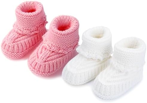 FABRST 2 Pairs Baby Booties Newborn Baby Hand Crochet Knit Boots Infant Soft Cozy Warm Shoes for Toddler Girls Boys(PinkWhite)