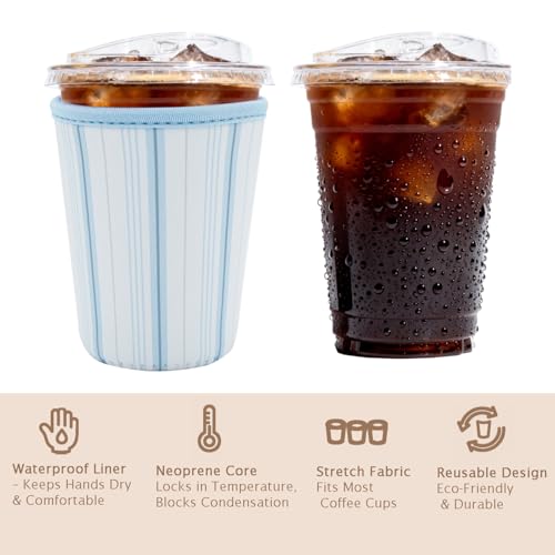 Image of Reusable Insulated Sleeve for Iced Coffee Cup, Coffee Neoprene Sleeve for Cold & Hot Drinks, Beverage Holder for Iced Coffee (Blue Lines, Small: 16-18oz)