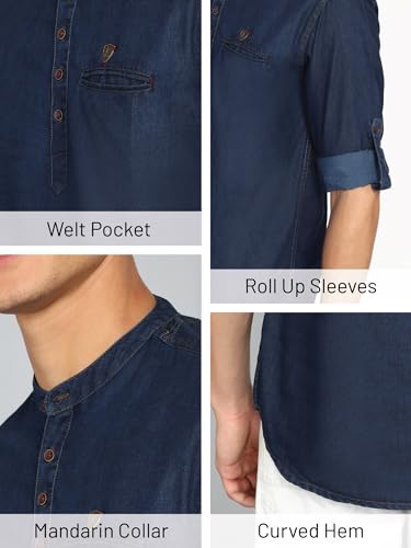 Image of Kuons Avenue Men's Denim Casual Short Kurta | Mandarin Collar | Full Sleeves | Tailored Fit- Stylish Ethnic Wear